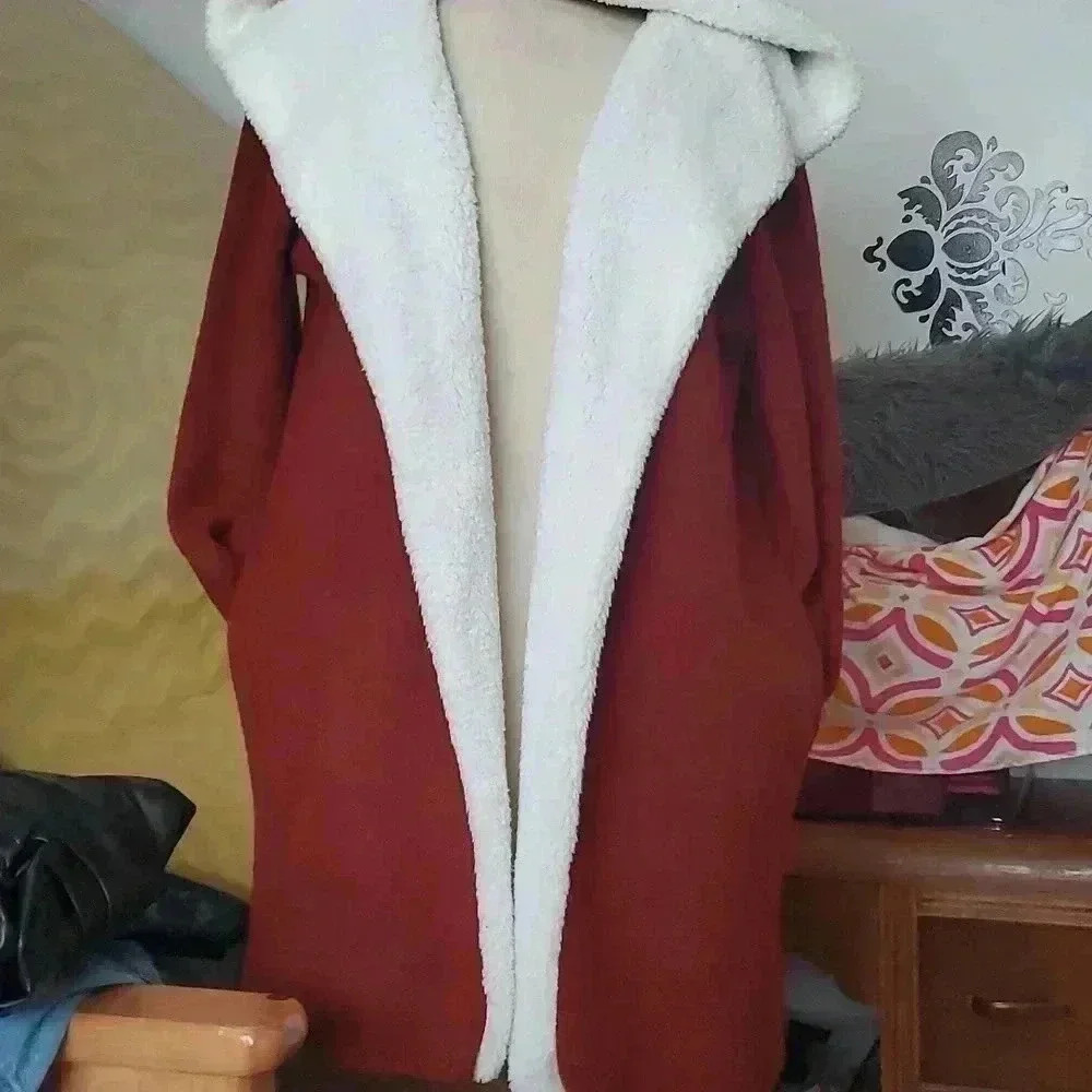Forever 21 Red Open-Front Sweater Coat with Cream Sherpa Lining